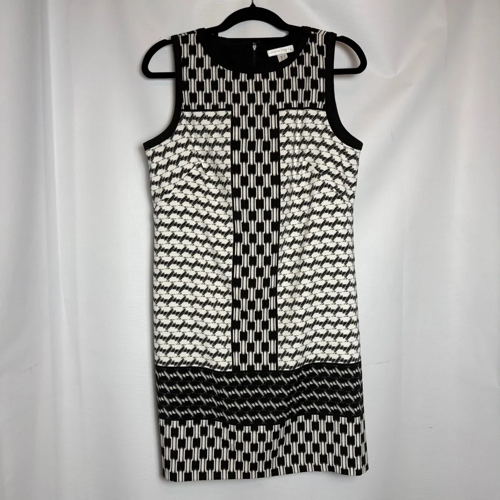 London‎ Times S/L Sheath Dress Black White Geometric Print Size 12 Career